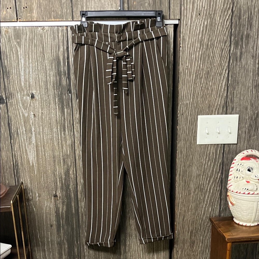 No Boundaries Brown and White Vertical Stripe Paperbag Waist Trousers